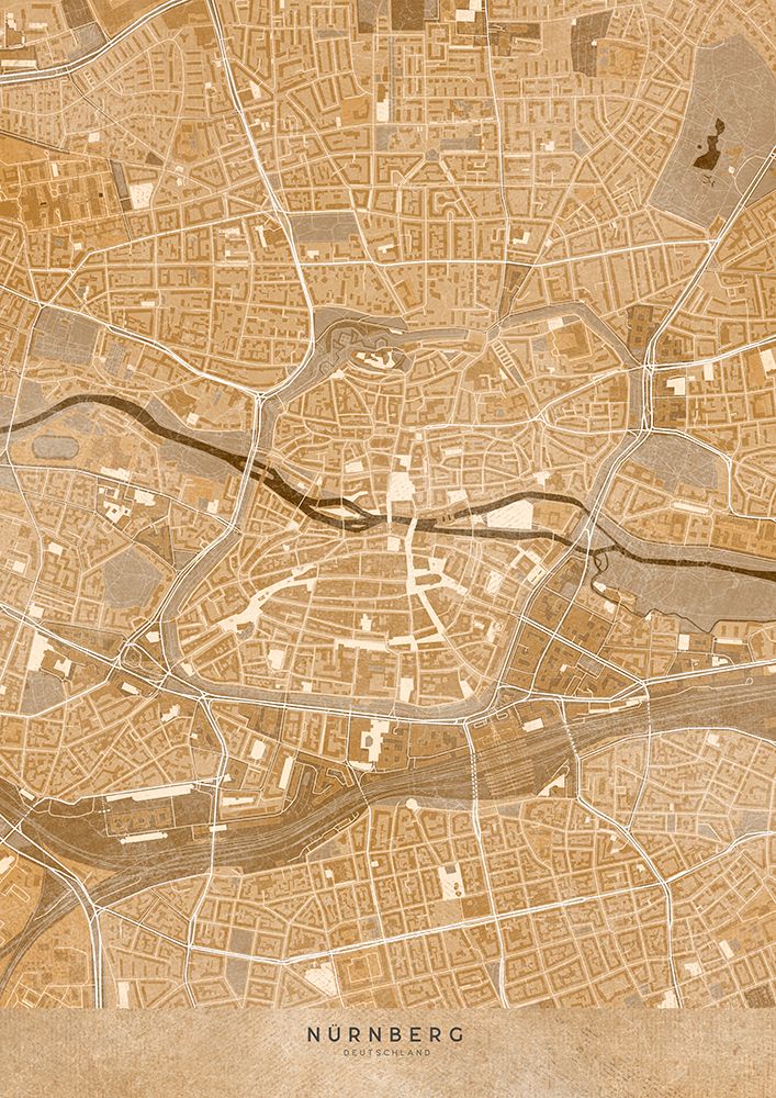 Sepia vintage map of NAAndfrac14;rnberg downtown Germany art print by Rosana Laiz Blursbyai for $57.95 CAD
