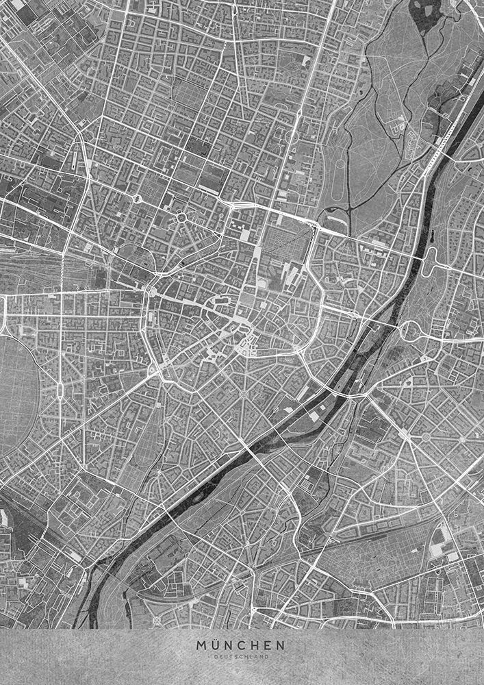 Gray vintage map of Munich downtown Germany art print by Rosana Laiz Blursbyai for $57.95 CAD