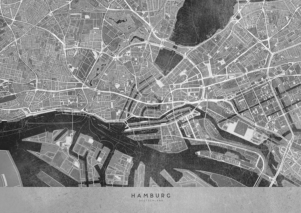 Gray vintage map of Hamburg downtown Germany art print by Rosana Laiz Blursbyai for $57.95 CAD