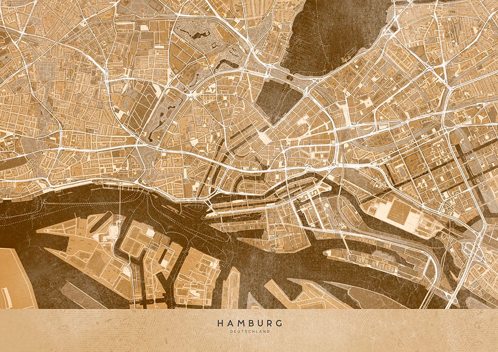 Sepia vintage map of Hamburg downtown Germany art print by Rosana Laiz Blursbyai for $57.95 CAD