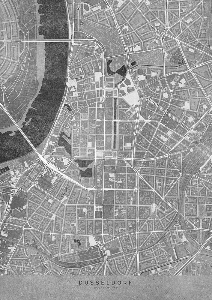 Gray vintage map of DAAndfrac14;sseldorf downtown Germany art print by Rosana Laiz Blursbyai for $57.95 CAD