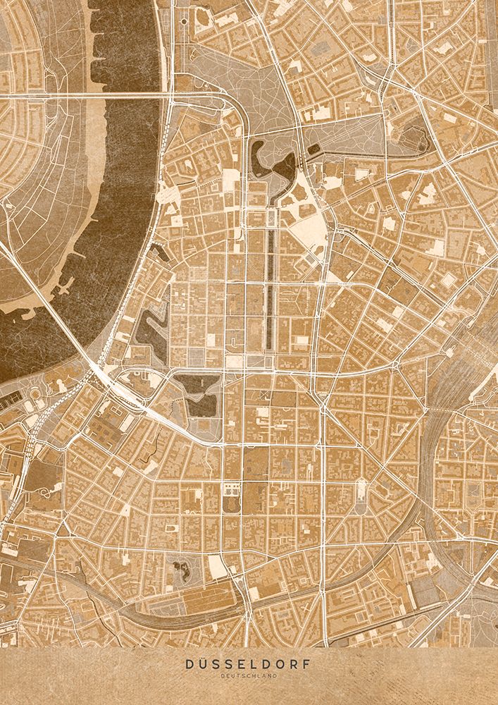 Sepia vintage map of DAAndfrac14;sseldorf downtown Germany art print by Rosana Laiz Blursbyai for $57.95 CAD
