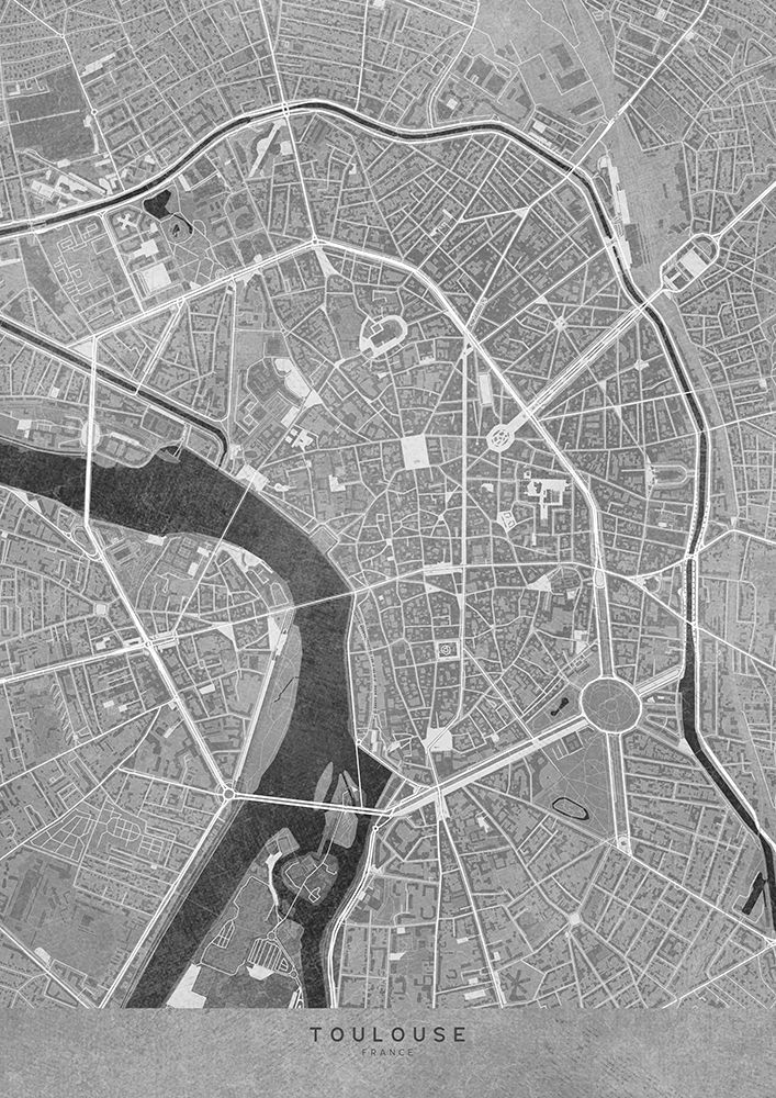 Gray vintage map of Toulouse downtown France art print by Rosana Laiz Blursbyai for $57.95 CAD