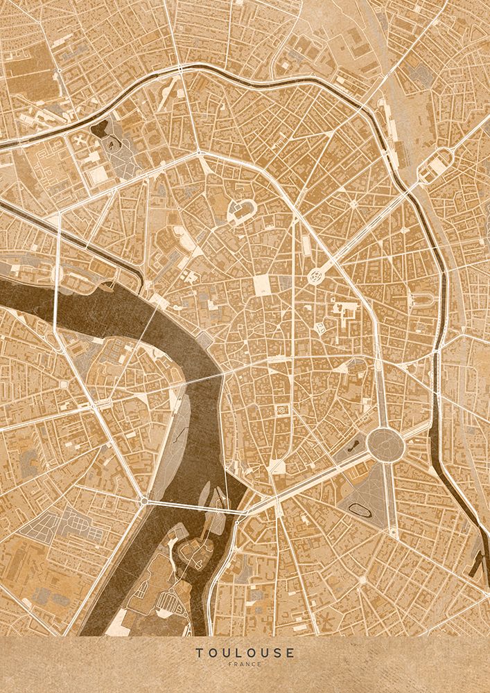 Sepia vintage map of Toulouse downtown France art print by Rosana Laiz Blursbyai for $57.95 CAD