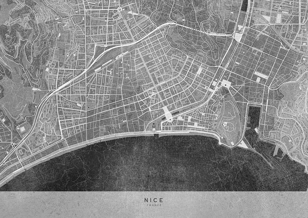 Gray vintage map of Nice downtown France art print by Rosana Laiz Blursbyai for $57.95 CAD