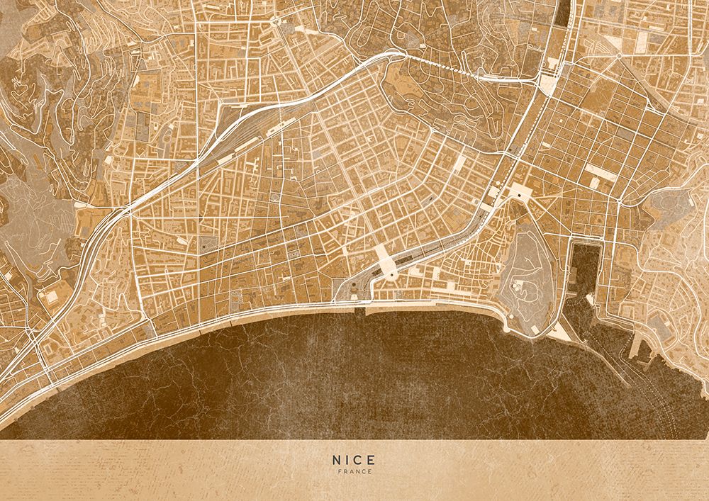Sepia vintage map of Nice downtown France art print by Rosana Laiz Blursbyai for $57.95 CAD