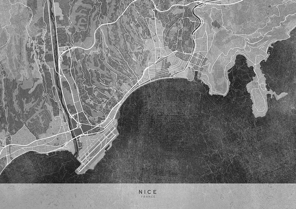 Gray vintage map of Nice France art print by Rosana Laiz Blursbyai for $57.95 CAD