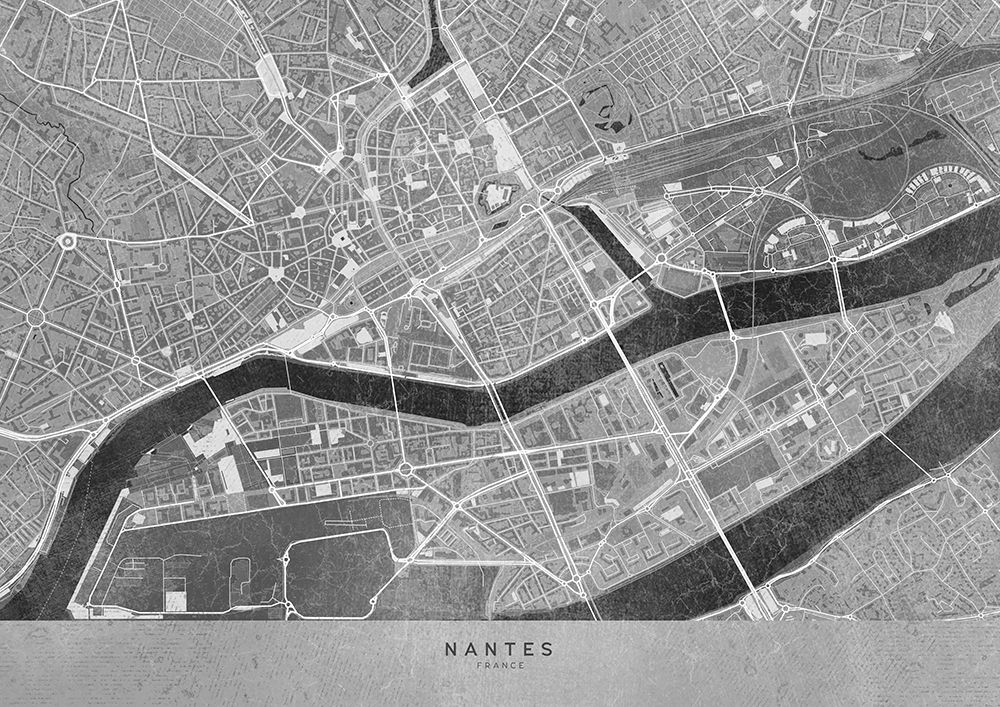 Gray vintage map of Nantes downtown France art print by Rosana Laiz Blursbyai for $57.95 CAD