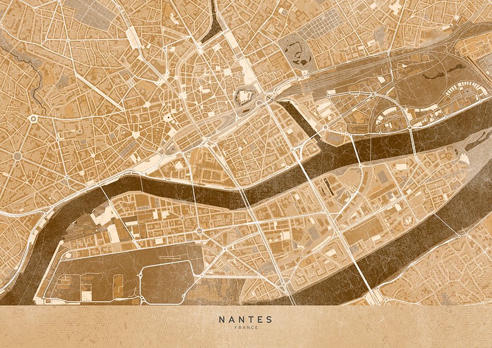 Sepia vintage map of Nantes downtown France art print by Rosana Laiz Blursbyai for $57.95 CAD