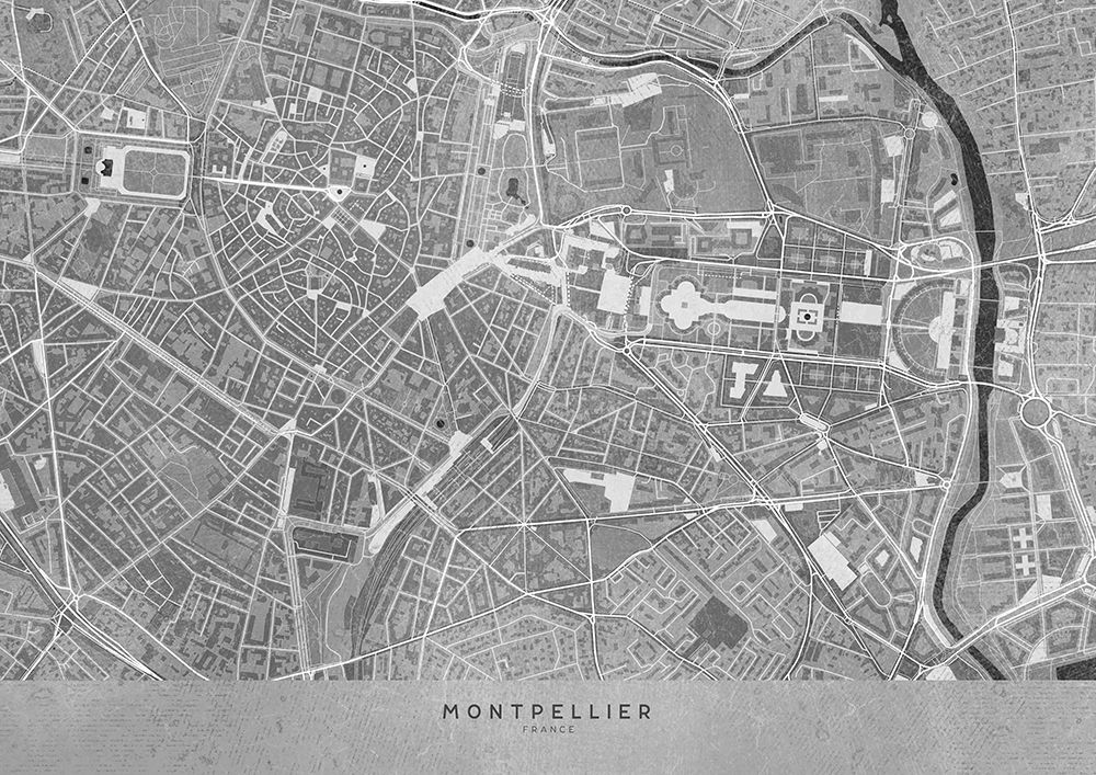 Gray vintage map of Montpellier downtown France art print by Rosana Laiz Blursbyai for $57.95 CAD
