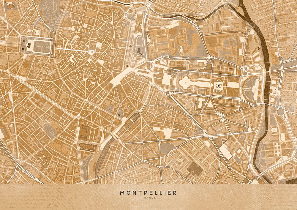Sepia vintage map of Montpellier downtown France art print by Rosana Laiz Blursbyai for $57.95 CAD