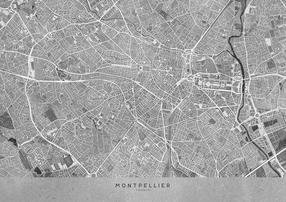 Gray vintage map of Montpellier France art print by Rosana Laiz Blursbyai for $57.95 CAD