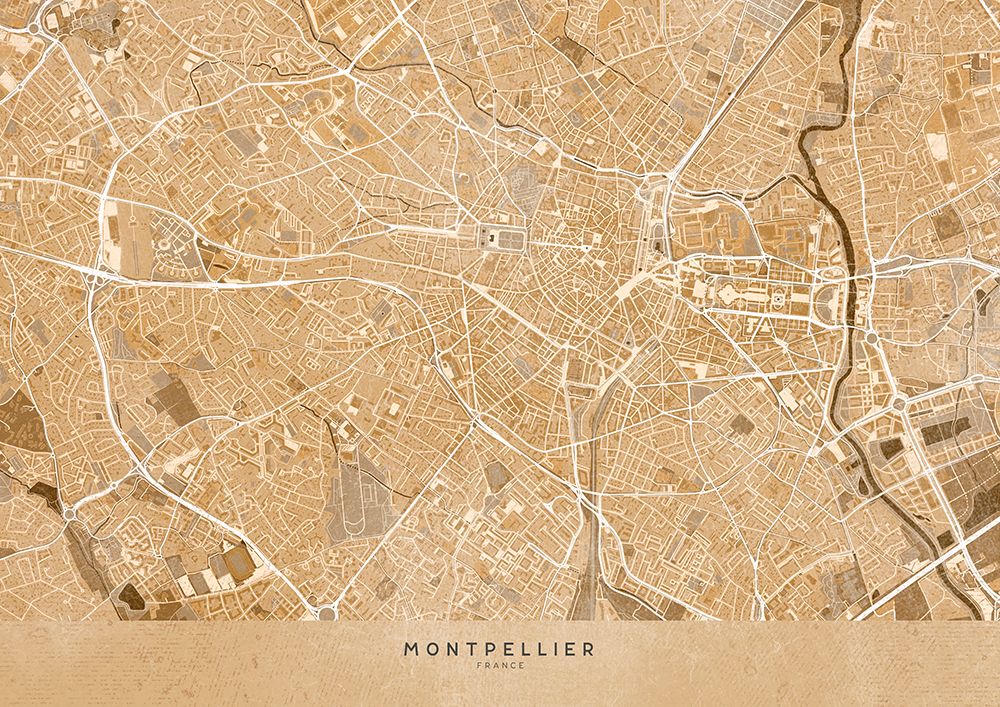 Sepia vintage map of Montpellier France art print by Rosana Laiz Blursbyai for $57.95 CAD