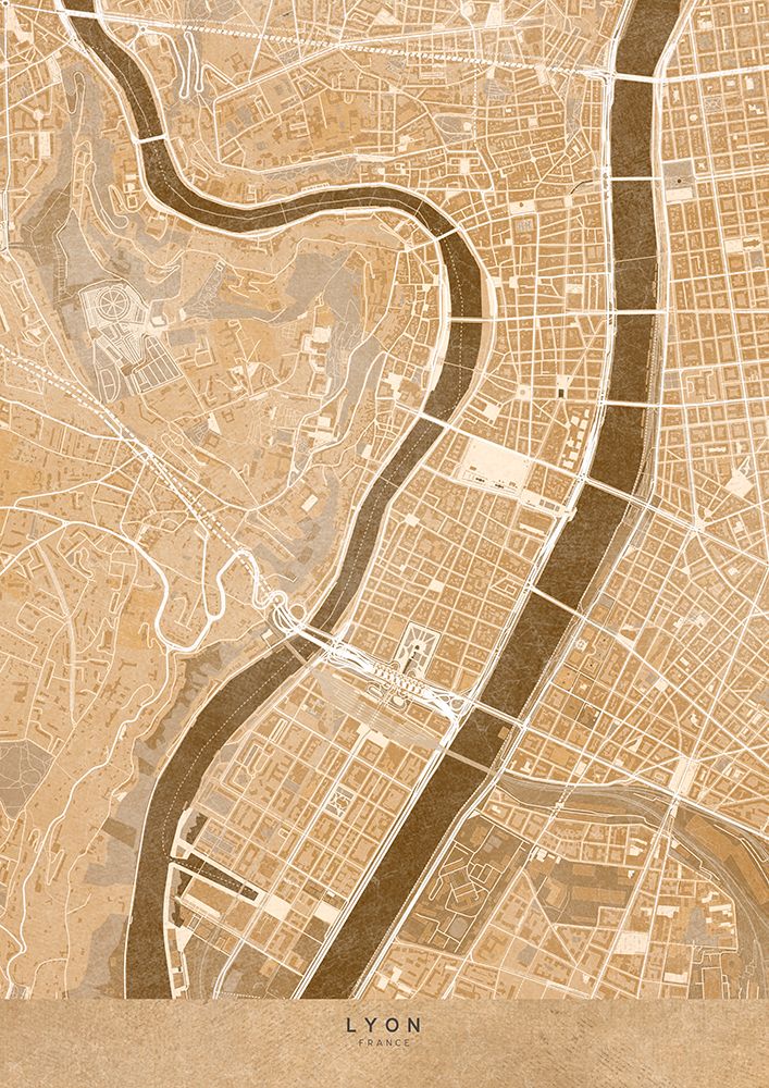 Sepia vintage map of Lyon downtown France art print by Rosana Laiz Blursbyai for $57.95 CAD