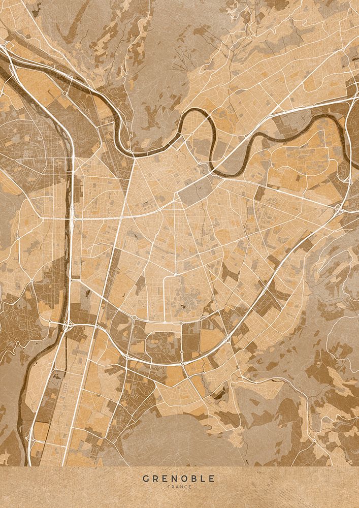 Sepia vintage map of Grenoble France art print by Rosana Laiz Blursbyai for $57.95 CAD