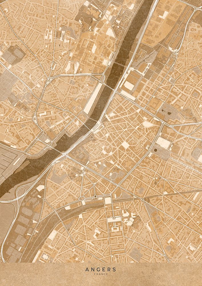 Sepia vintage map of Angers downtown France art print by Rosana Laiz Blursbyai for $57.95 CAD