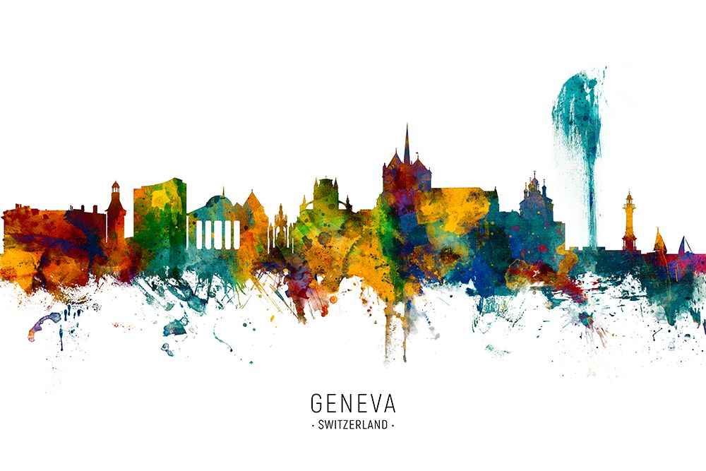 Geneva Switzerland Skyline art print by Michael Tompsett for $57.95 CAD