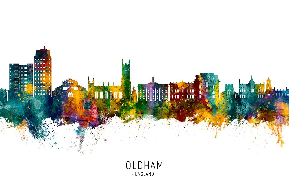 Oldham England Skyline art print by Michael Tompsett for $57.95 CAD