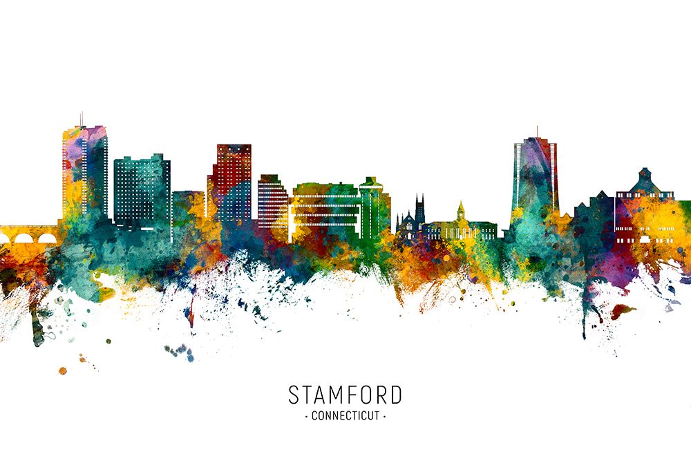 Stamford Connecticut Skyline art print by Michael Tompsett for $57.95 CAD