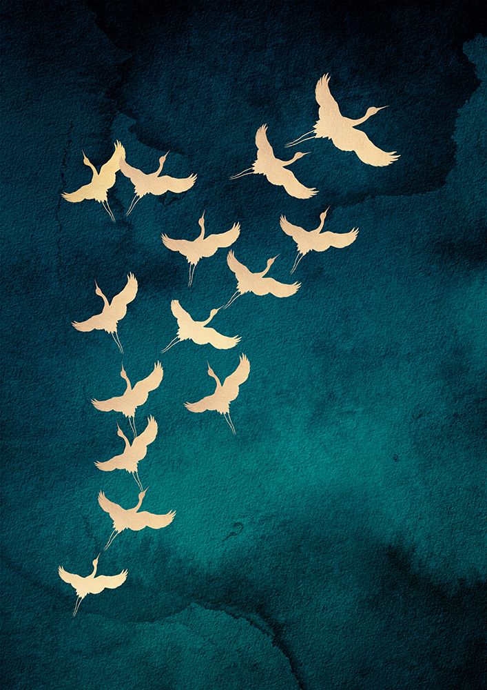 Teal Flying Cranes art print by Aureous for $57.95 CAD