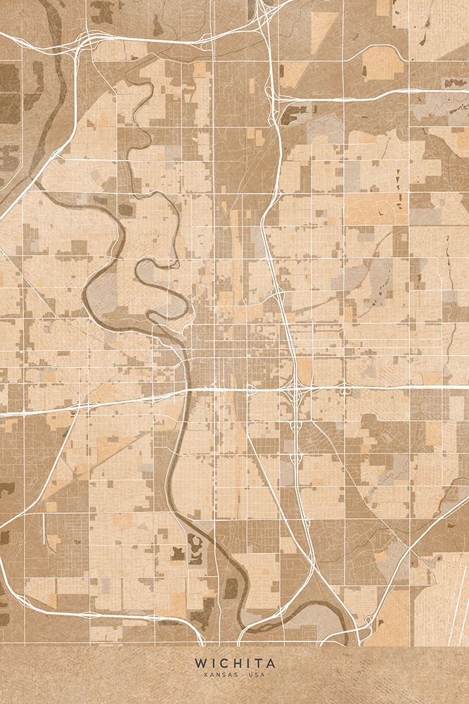 Map of Wichita (Kansas, USA) in sepia vintage style art print by Rosana Laiz Blursbyai for $57.95 CAD