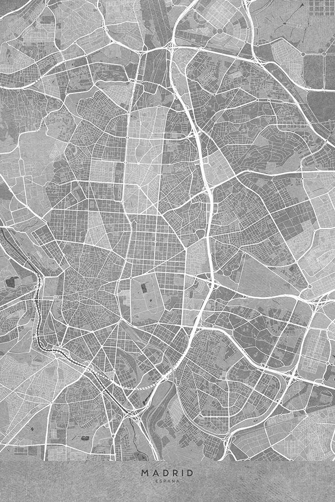 Map of Madrid (Spain) in gray vintage style art print by Rosana Laiz Blursbyai for $57.95 CAD