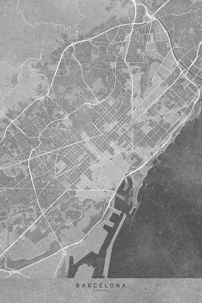 Map of Barcelona (Spain) in gray vintage style art print by Rosana Laiz Blursbyai for $57.95 CAD