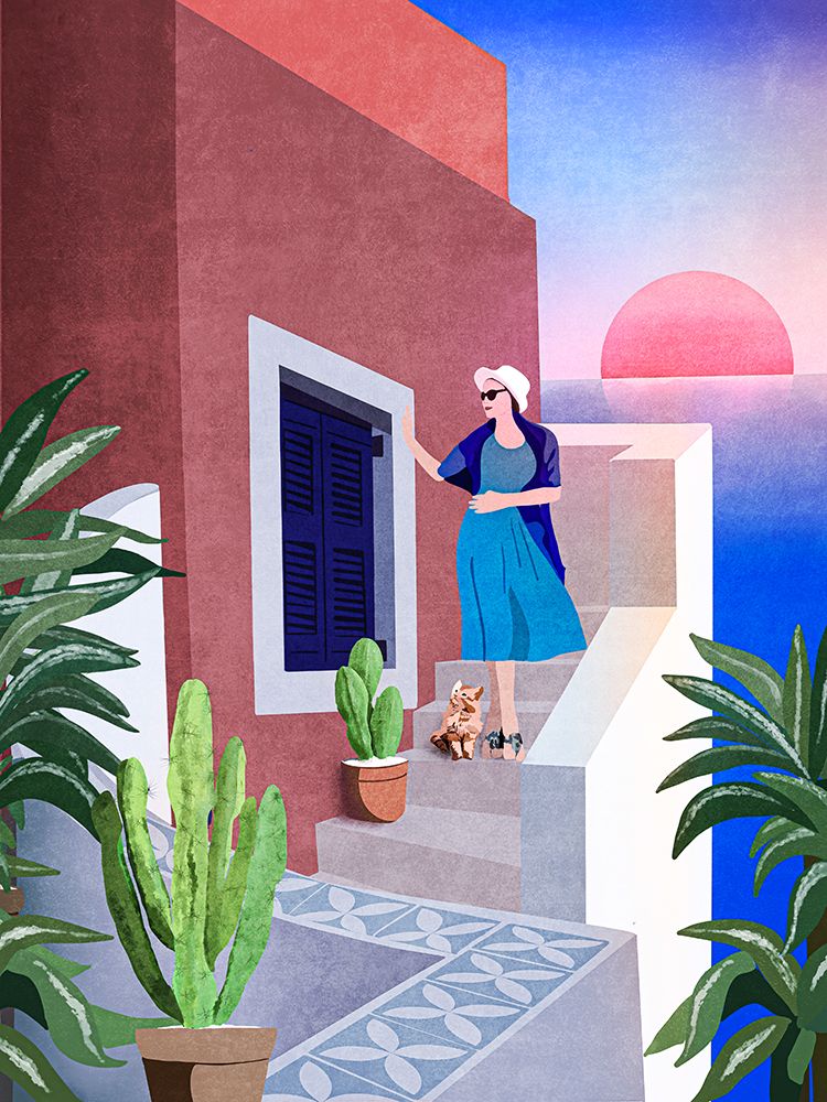 Lady And Cat In Santorini art print by Emel Tunaboylu for $57.95 CAD