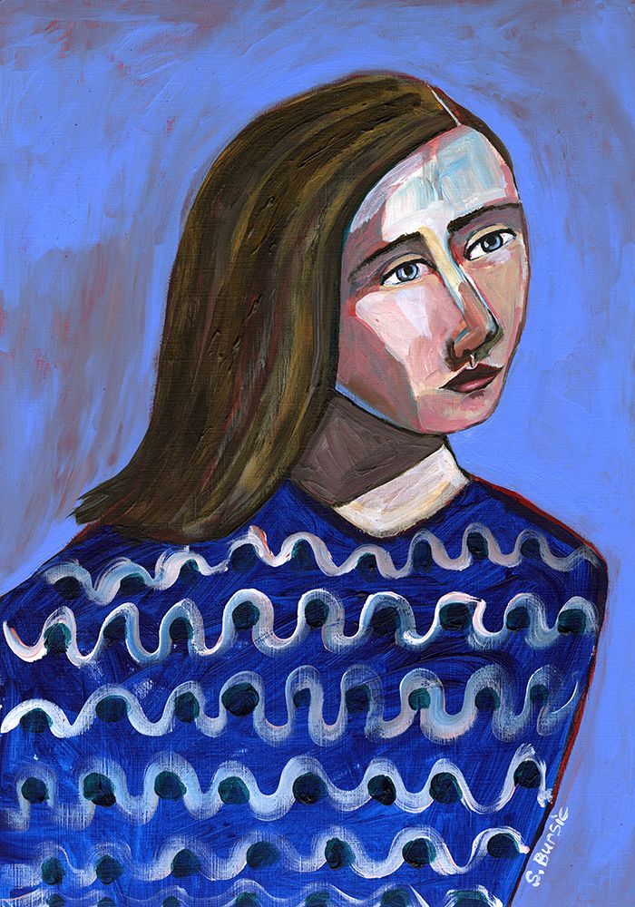 Woman in Blue Sweater Naive Portrait Figurative art print by Sharyn Bursic for $57.95 CAD