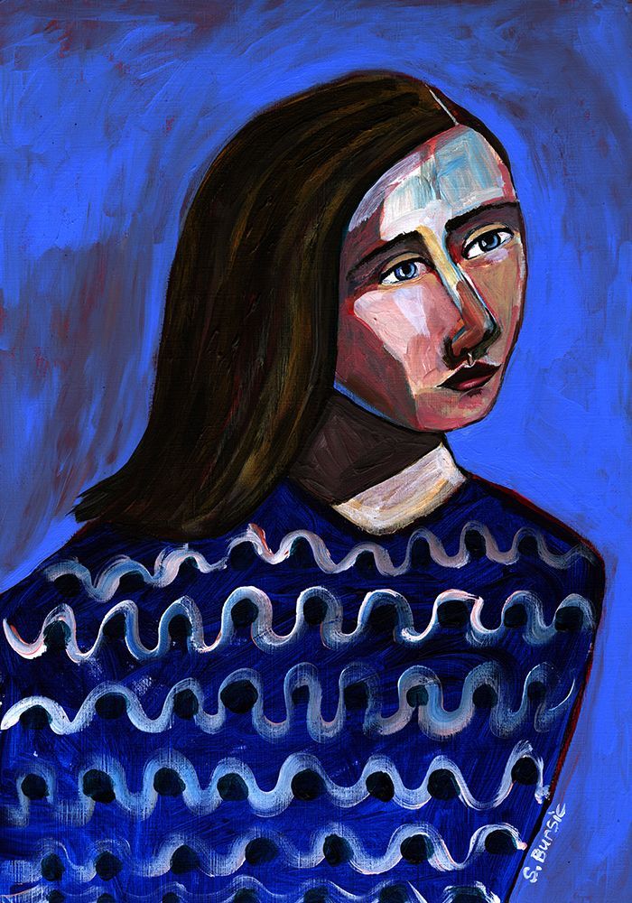 Woman in Blue Sweater Naive Portrait Figurative art print by Sharyn Bursic for $57.95 CAD