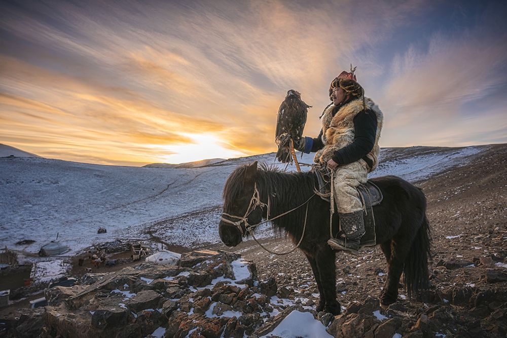 Sunset And An Eagle Hunter art print by Hirak Bhattacharjee for $57.95 CAD