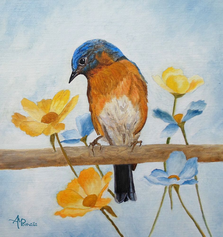 Flower Peeping Eastern Bluebird art print by Angeles M. Pomata for $57.95 CAD