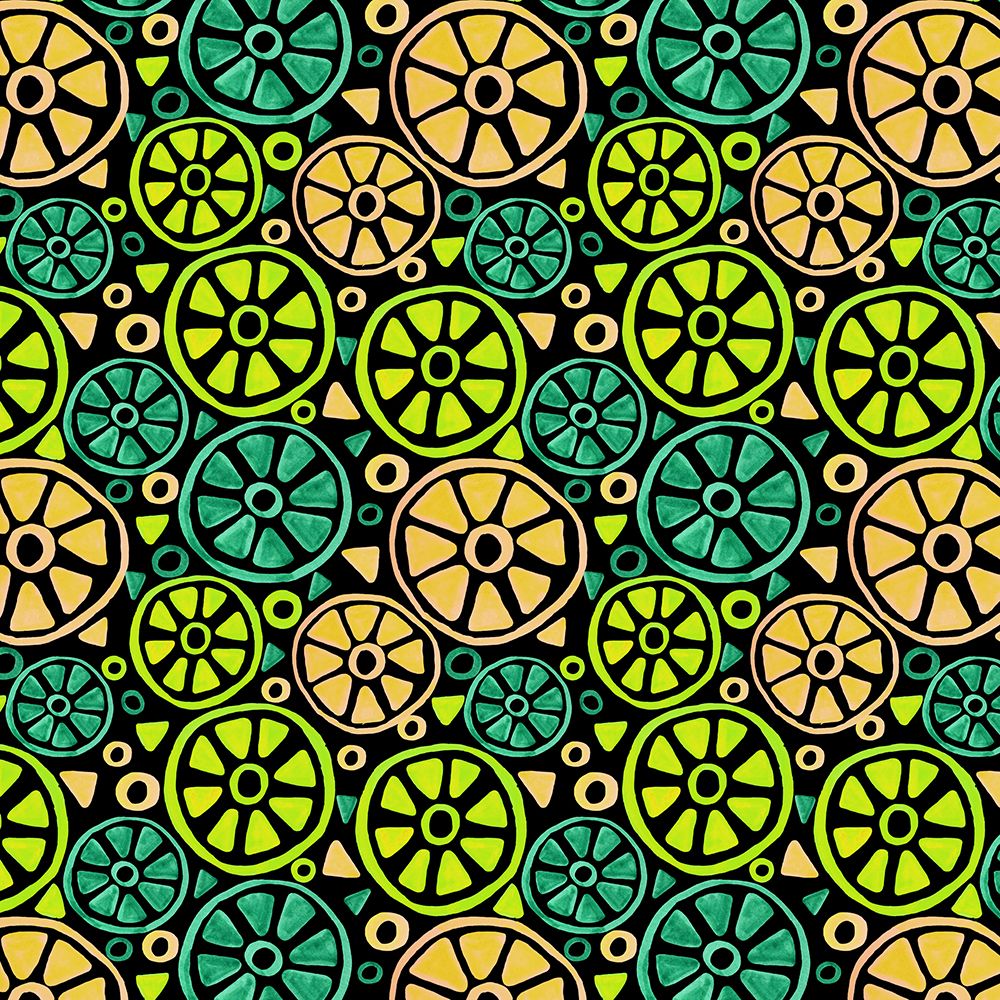 Fruit Slices Turquoise Green Orange On Black Geometric art print by Michele Channell for $57.95 CAD