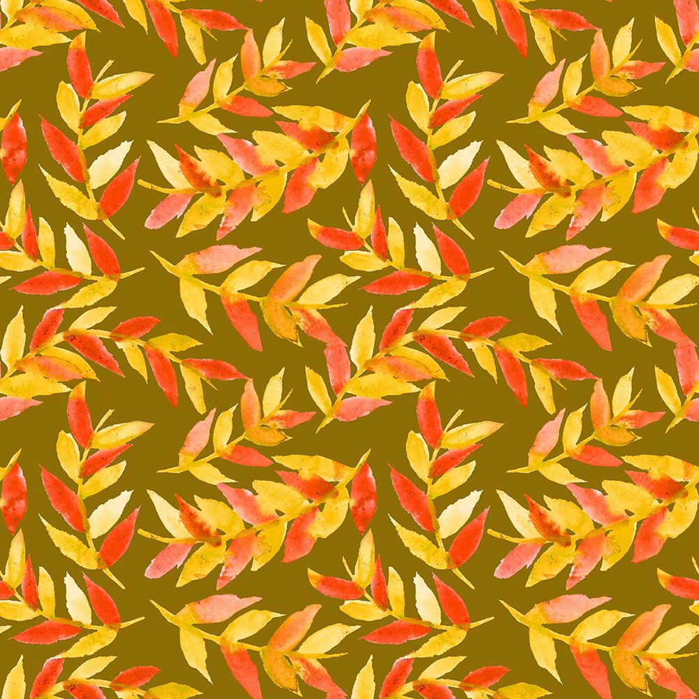 Leaves Curved Yellow Orange On Olive art print by Michele Channell for $57.95 CAD