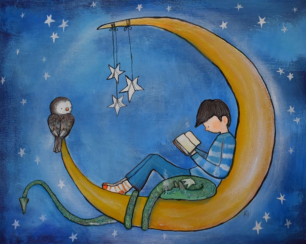 Boyreadingonmoon art print by Andrea Doss for $57.95 CAD