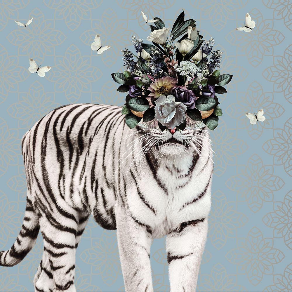 Spring Flower Bonnet On White Tiger art print by Sue Skellern for $57.95 CAD