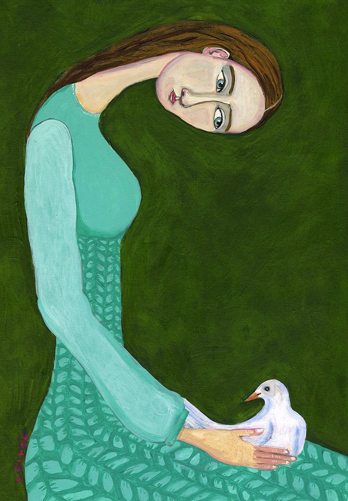 Lady Sitting With White Dove Bird Woman art print by Sharyn Bursic for $57.95 CAD