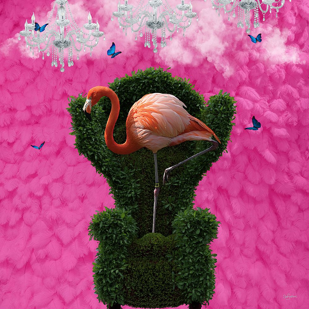 Fluttering Pink Flamingo On A Green Chair art print by Sue Skellern for $57.95 CAD