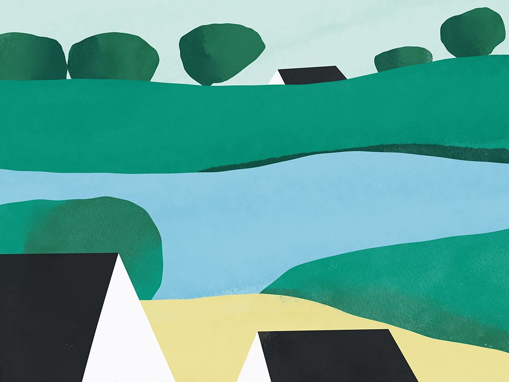 Black roof village art print by Little Dean for $57.95 CAD