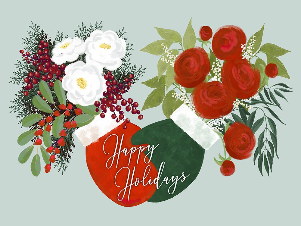 Floral Mittens Happy Holidays In Mint art print by Rosana Laiz Blursbyai for $57.95 CAD