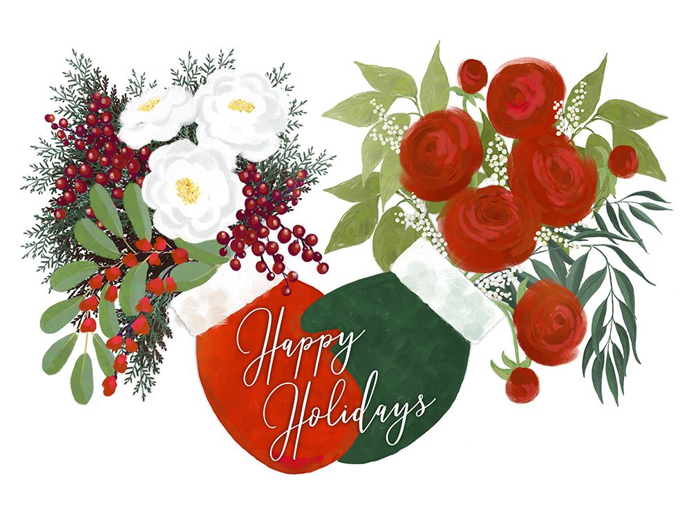 Floral Mittens Happy Holidays In White art print by Rosana Laiz Blursbyai for $57.95 CAD