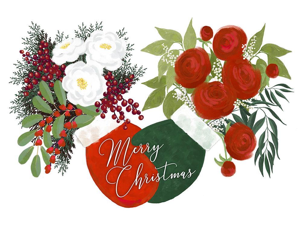 Floral mittens Merry Christmas in white art print by Rosana Laiz Blursbyai for $57.95 CAD