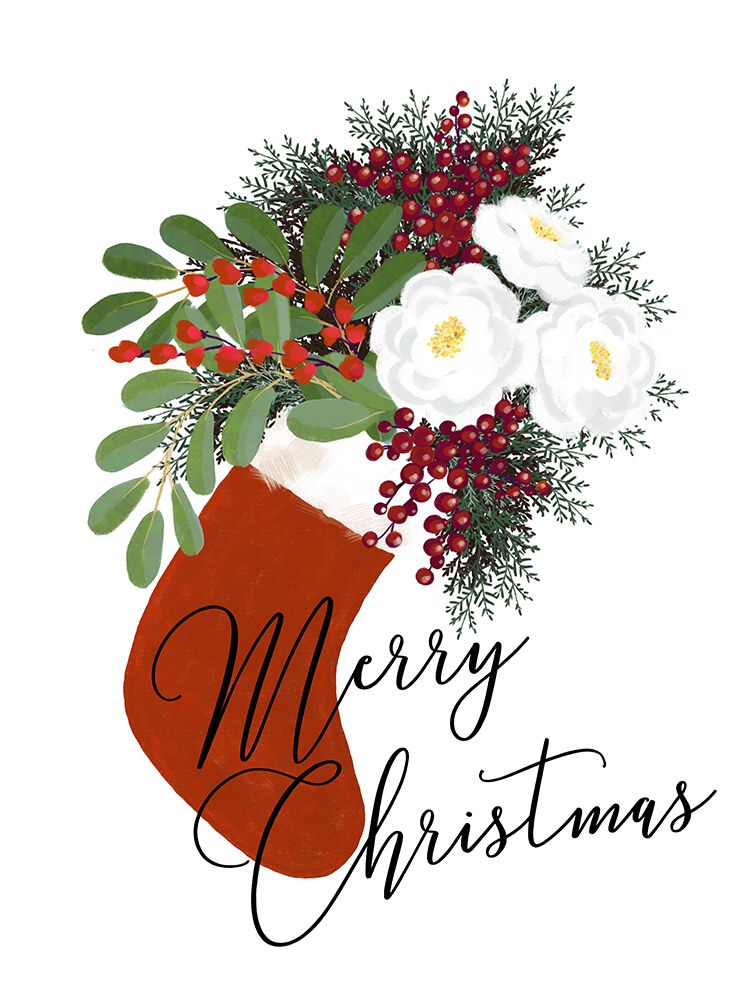 Floral Stocking Merry Christmas In White art print by Rosana Laiz Blursbyai for $57.95 CAD