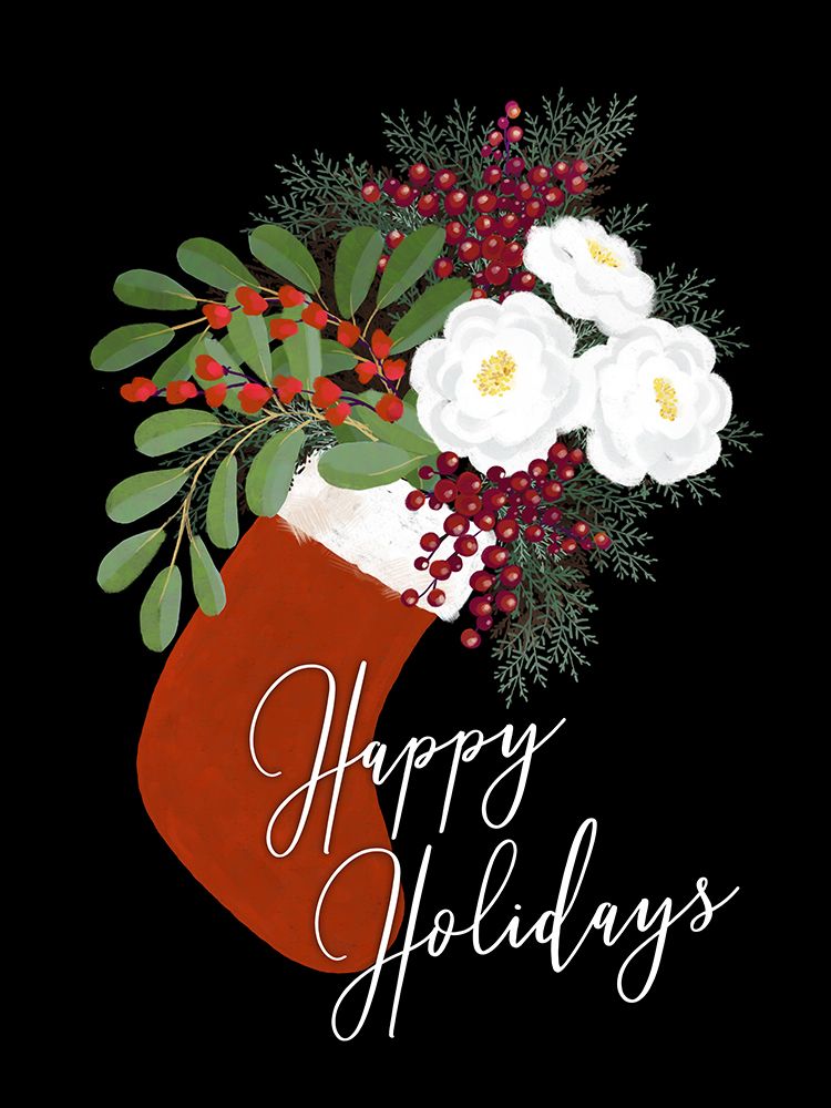Floral Stocking Happy holidays in black art print by Rosana Laiz Blursbyai for $57.95 CAD