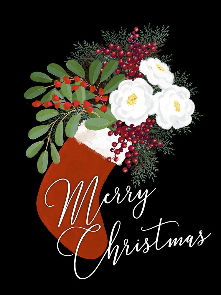 Floral Stocking Merry Christmas in black art print by Rosana Laiz Blursbyai for $57.95 CAD