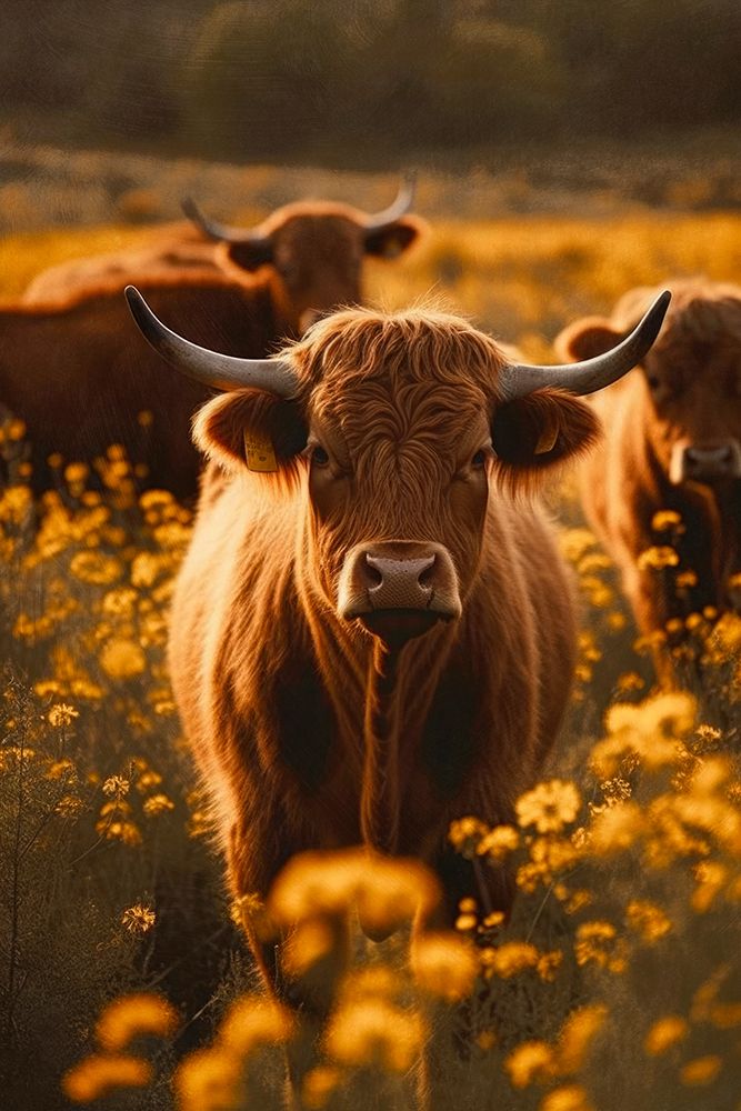 Highland Cows In Flower Field No 2 art print by Treechild for $57.95 CAD