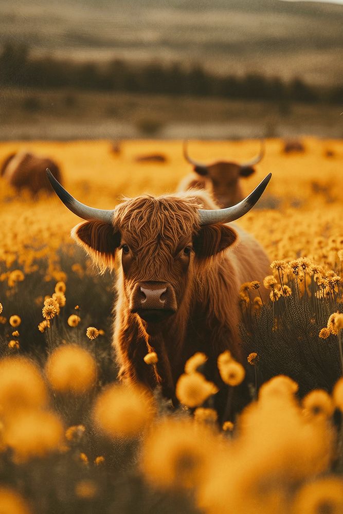 Highland Cows In Flower Field by Treechild