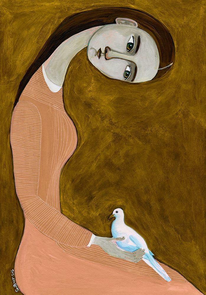 Girl with Dove sitting with pink dress art print by Sharyn Bursic for $57.95 CAD