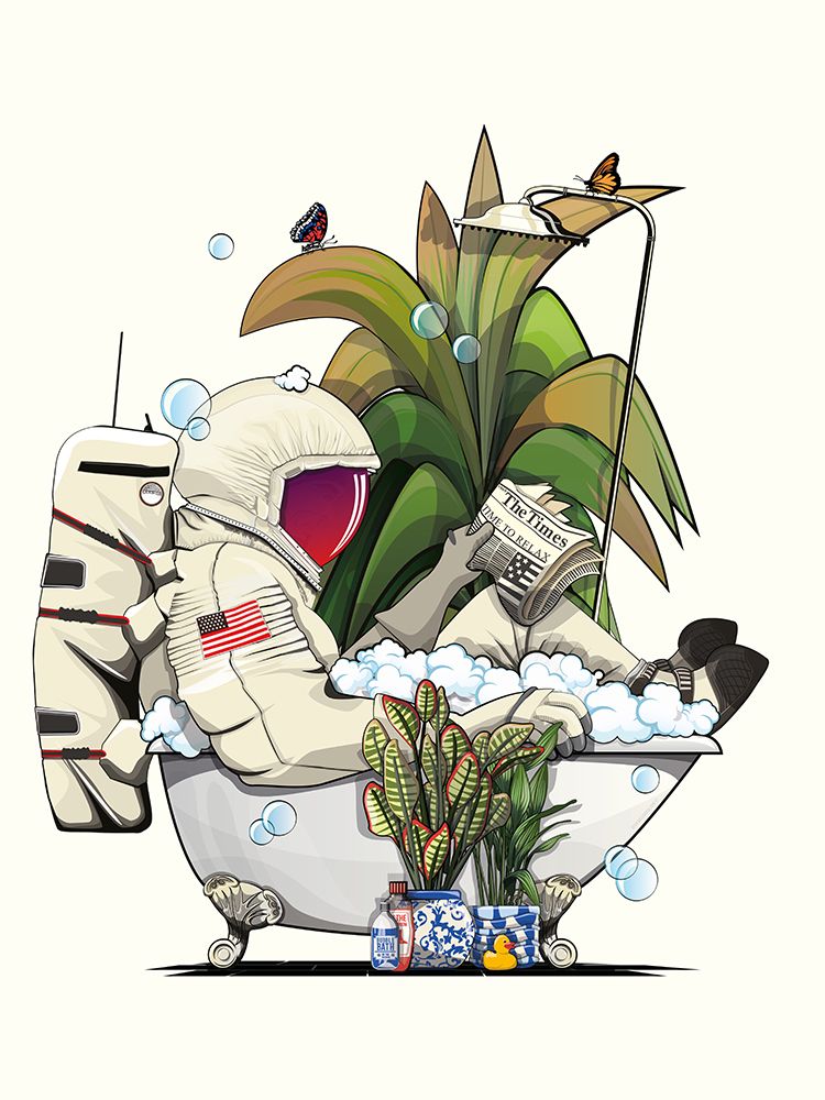 Nasa Astronaut Reading In Bath art print by In The Washroom for $57.95 CAD