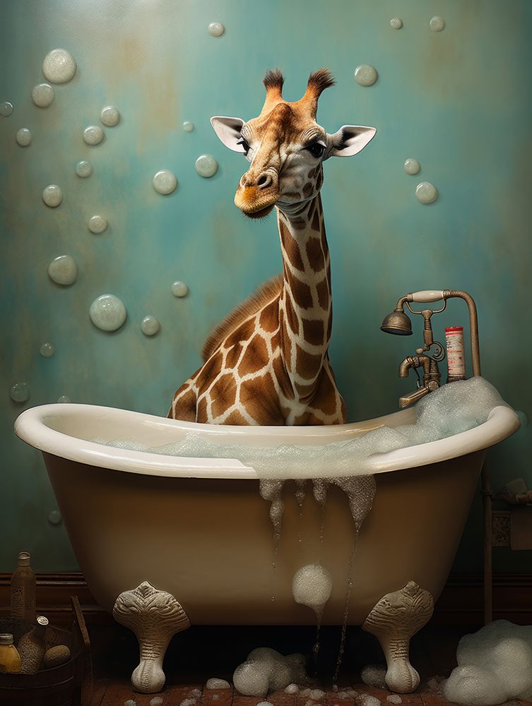 Giraffe In Bathroom 2 art print by Bilge Paksoylu for $57.95 CAD